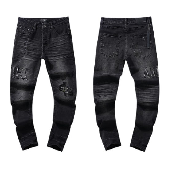 Black Washed Denim Jeans with Rhinestone AMIRI Logo and Distressing